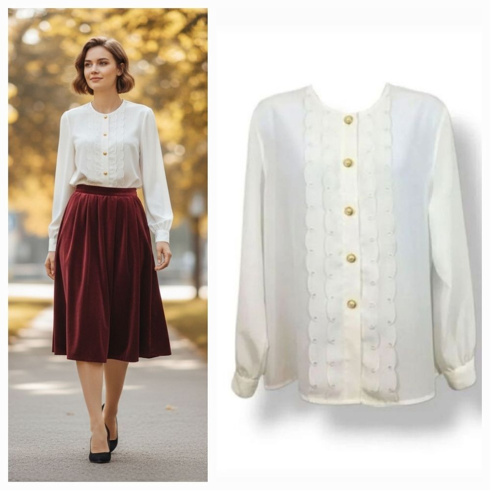 NEW Vintage Christie & Jill Petites Embroidered Gold Pearl Button Down Blouse